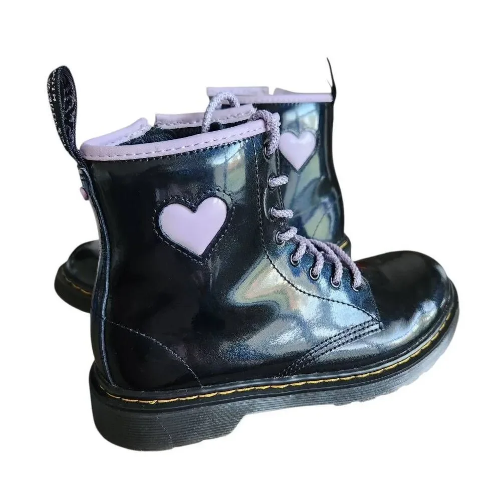 Dr Martens Boots Youth Girls Size 4 1460 Shimmer Heart Lace Up Black Purple Grun